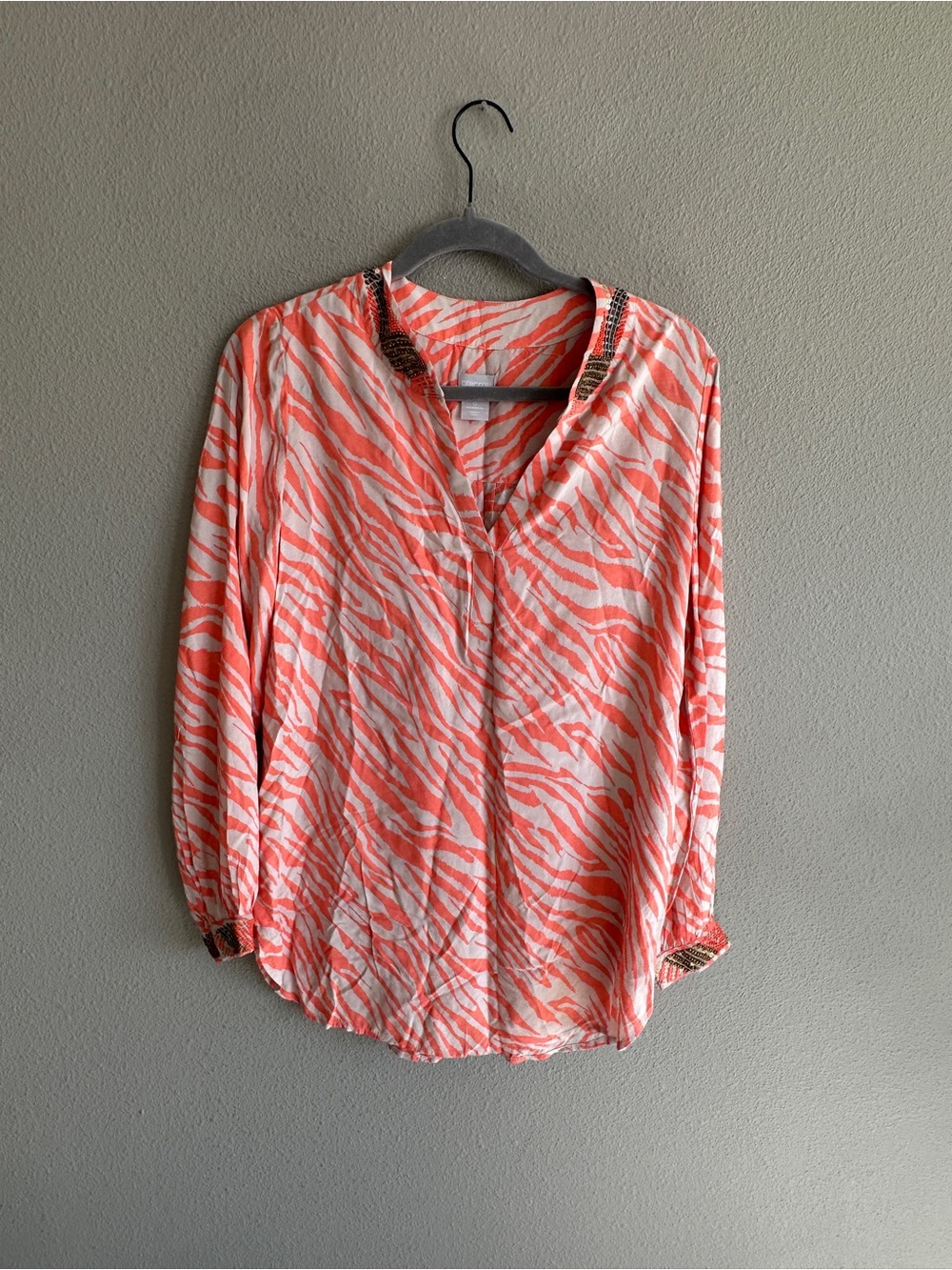 Chico's Coral and White Zebra-Print V-Neck Beaded Blouse Small